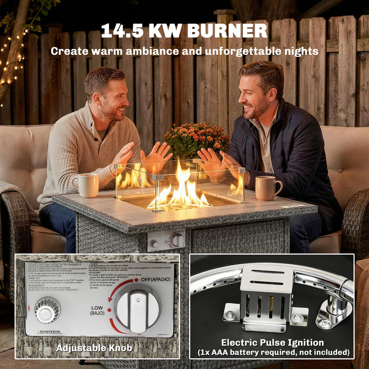 14.5 KW Rattan Gas Fire Pit Dining Table with Rain Cover, Wind Guard, 