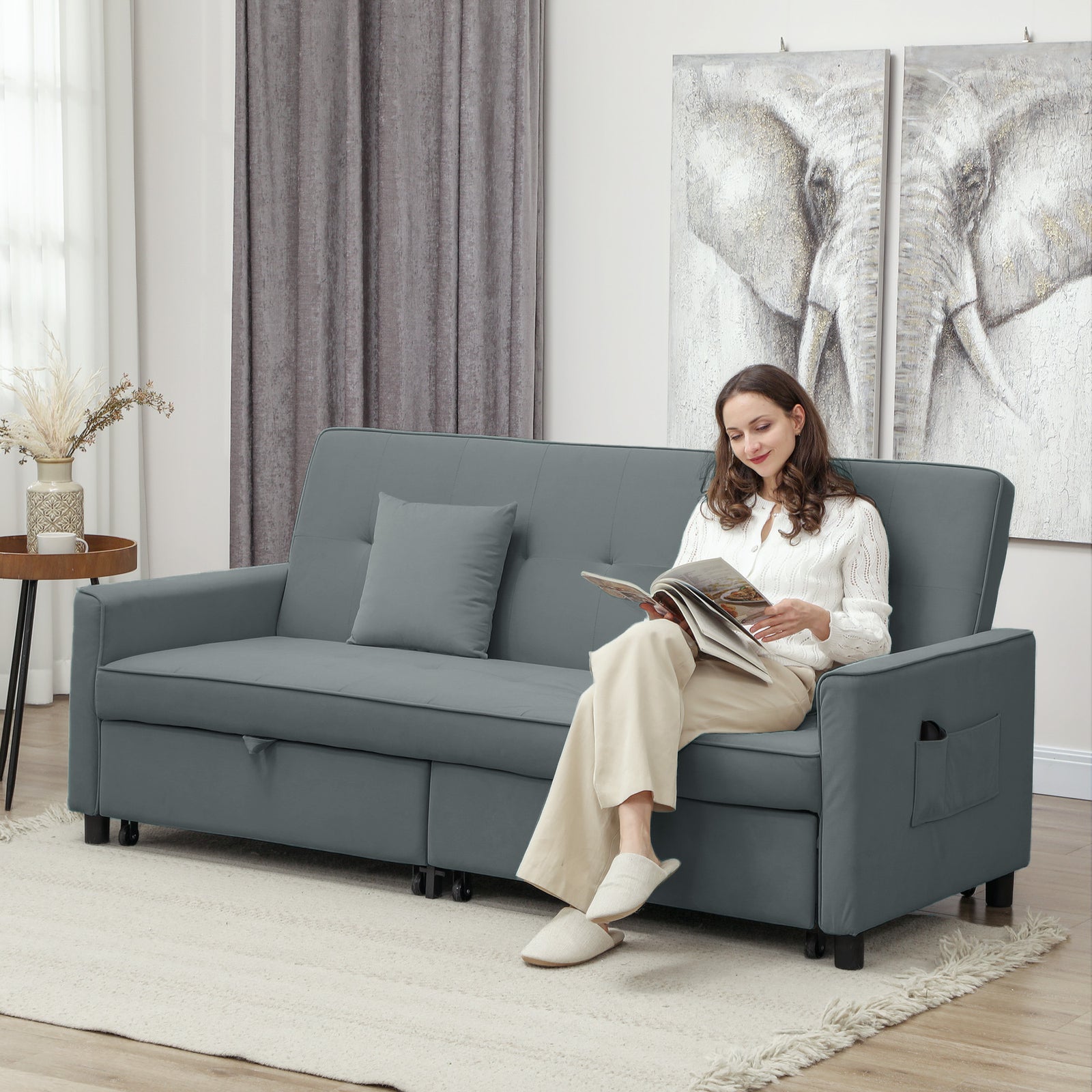 Three-Person Velvet-Feel Sofa Bed - Grey