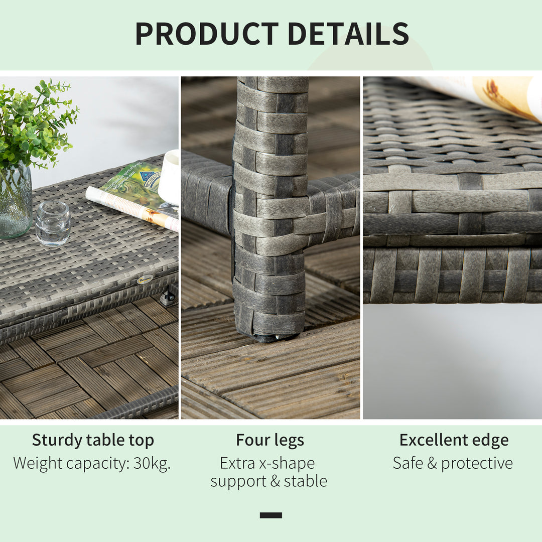 Outdoor Coffee Table, Garden PE Rattan Side Table with Plastic Board Under the Full Woven Table Top and Rectangular Frame for Patio, Balcony, Mixed Grey