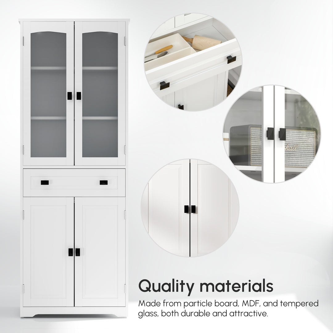Kitchen Cupboard, Freestanding Storage Cabinet with 2 Adjustable Shelves, Drawer and Glass Door for Living Room, Dining Room, 160cm, White