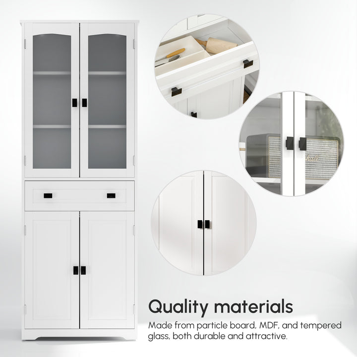 Kitchen Cupboard, Freestanding Storage Cabinet with 2 Adjustable Shelves, Drawer and Glass Door for Living Room, Dining Room, 160cm, White