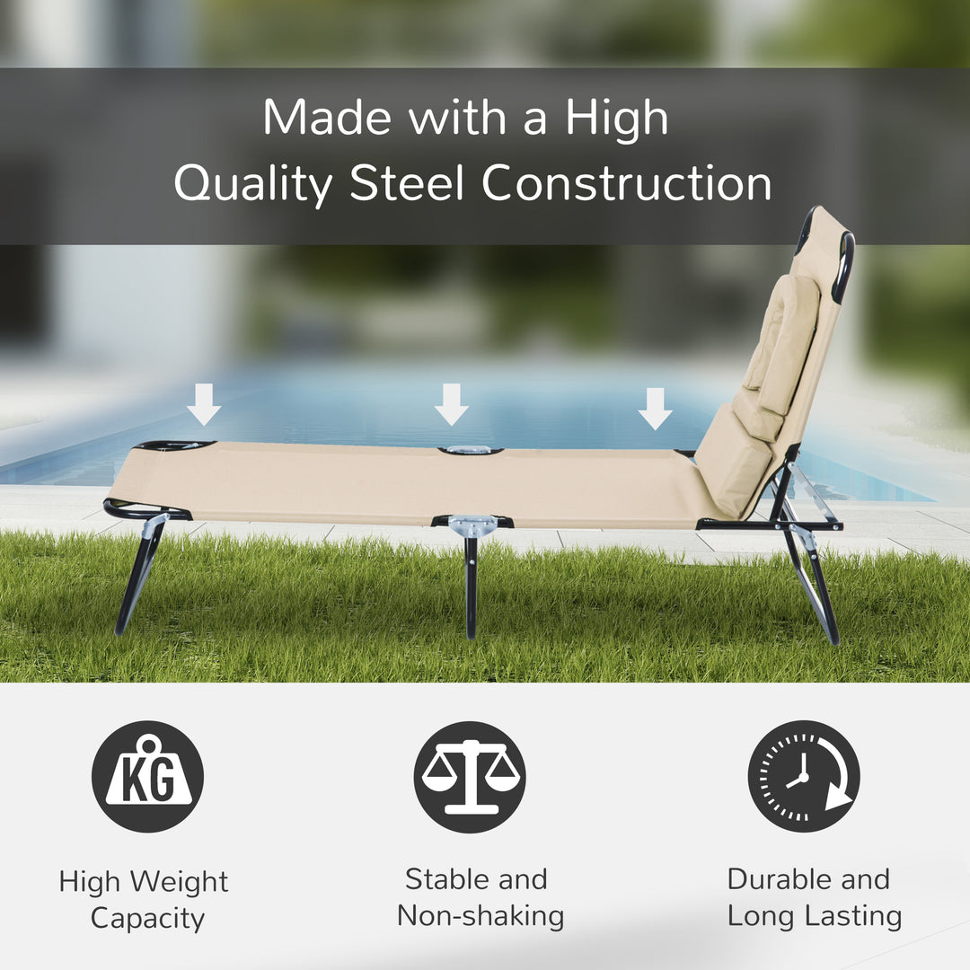 Outdoor Folding Sun Lounger with Face Hole, 4 Level Adjustable Backrest Reclining Garden Lounger, Garden Recliner Sunbed with 600 D Oxford Cloth Seat and Pillow for Beach, Beige