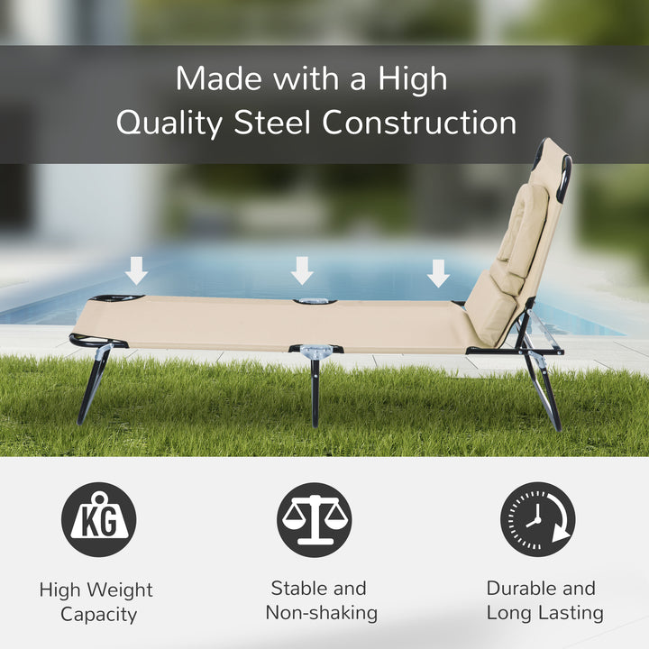 Outdoor Folding Sun Lounger with Face Hole, 4 Level Adjustable Backrest Reclining Garden Lounger, Garden Recliner Sunbed with 600 D Oxford Cloth Seat and Pillow for Beach, Beige
