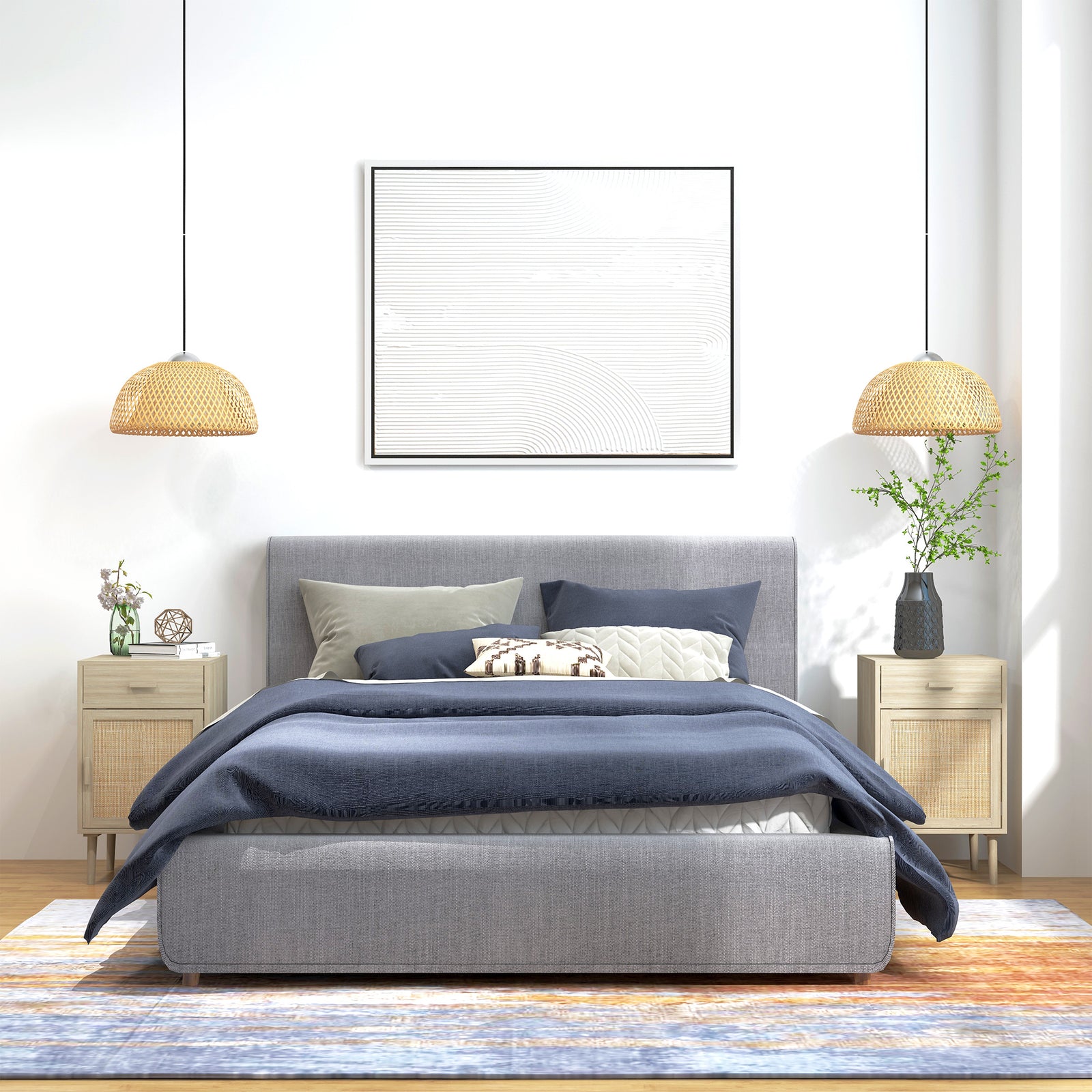 Bedside Table Set of 2, Rattan Side Tables with Drawer, Cabinet and Adjustable Shelf, Boho Bedside Cabinet with Storage for Bedroom, Living Room, Natural Wood Effect