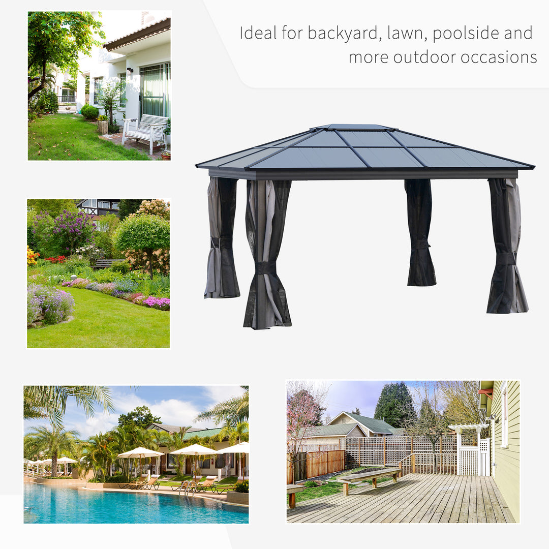 3.6 x 4m Hardtop Gazebo Canopy with Polycarbonate Roof, Aluminium Frame, Permanent Pavilion Garden Gazebo with Netting and Curtains for Patio, Deck, Dark Grey