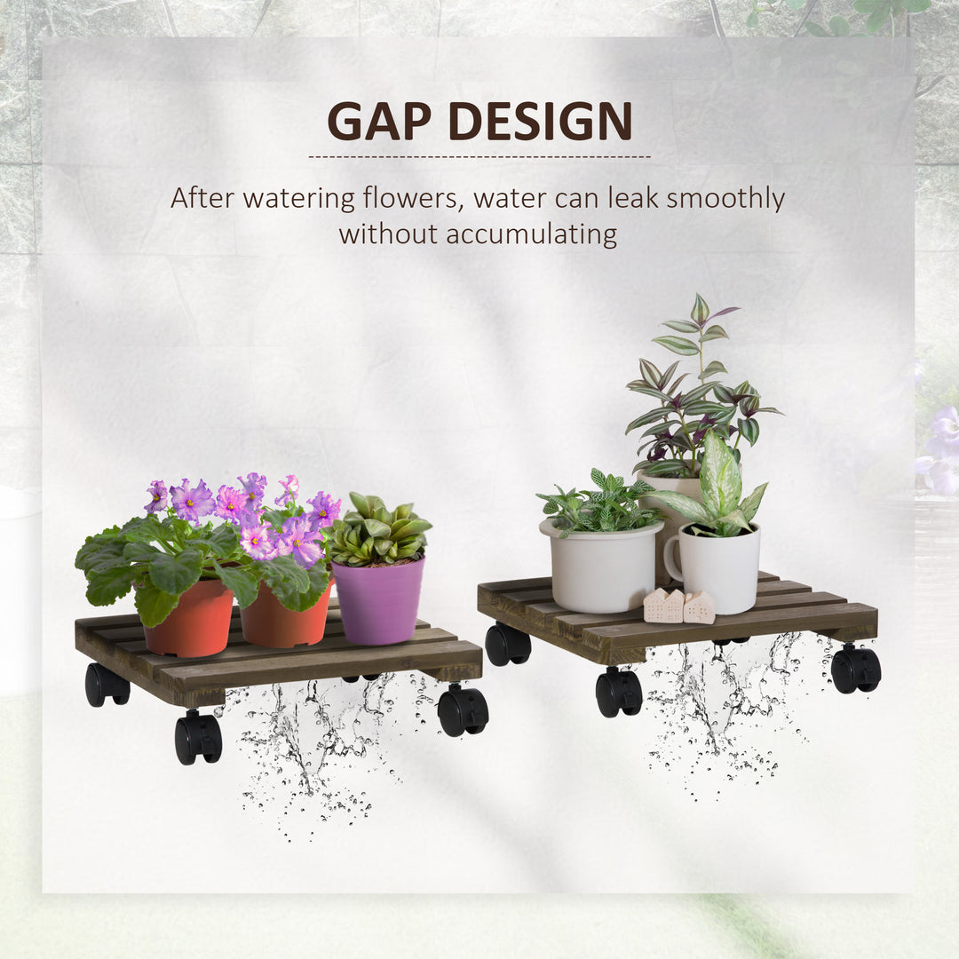 30L x 30W x 7Hcm 2 Pack Plant Stand with Wheels, Flowerpot Holder, Wooden Flower Display Stand for Indoor Outdoor Living Room Entryway