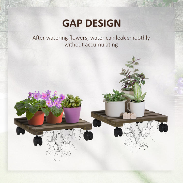 30L x 30W x 7Hcm 2 Pack Plant Stand with Wheels, Flowerpot Holder, Wooden Flower Display Stand for Indoor Outdoor Living Room Entryway