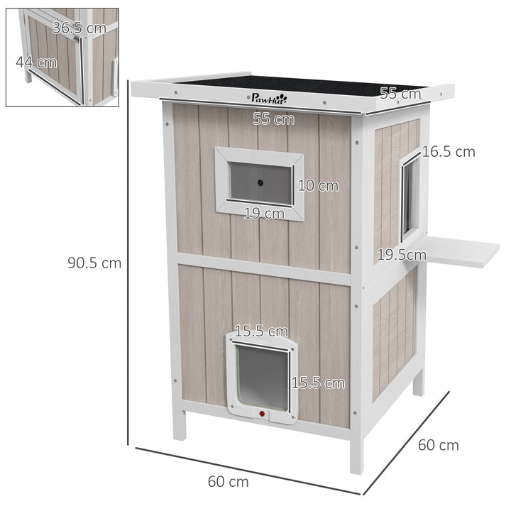 PawHut Outdoor 2 Tiers Wooden Cat Shelter w/ Removable Bottom, Escape Doors, Asphalt Roof, for 1-2 Cats - Light Grey | Aosom UK