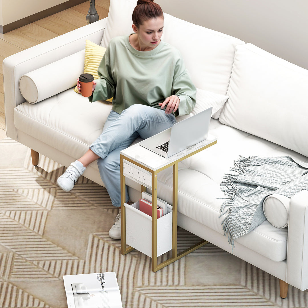 C Shaped Side Table with Charging Station and Faux Marble Top - White