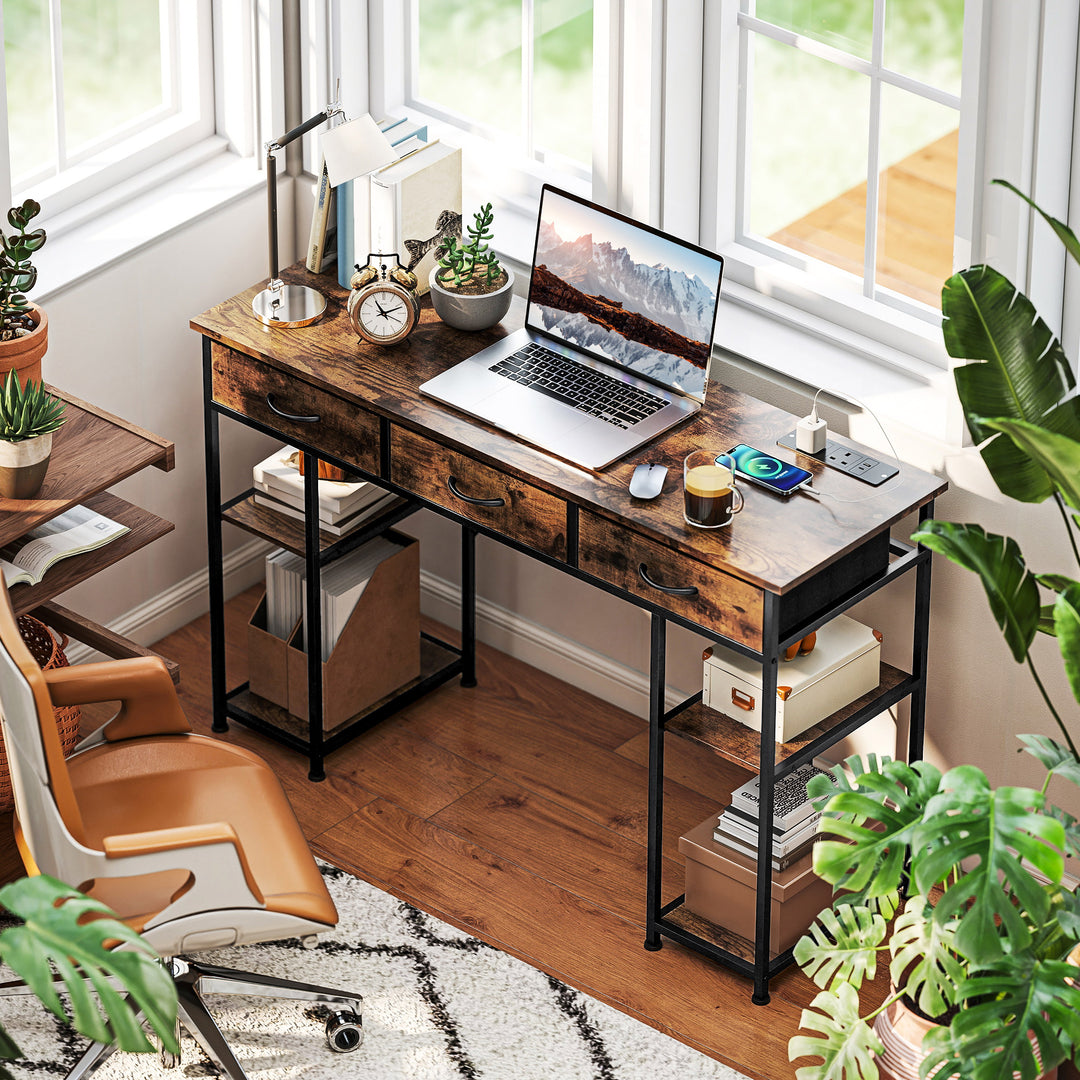 120cm Computer Desk with Power Outlets, Office Desk Study Table with Fabric Drawers and Storage Shelves, Rustic Brown