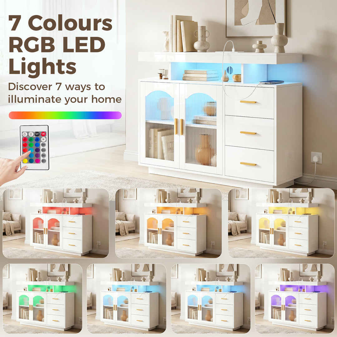 High Gloss Sideboard with LED Lights, Built-in Power Outlets, 3 Drawer