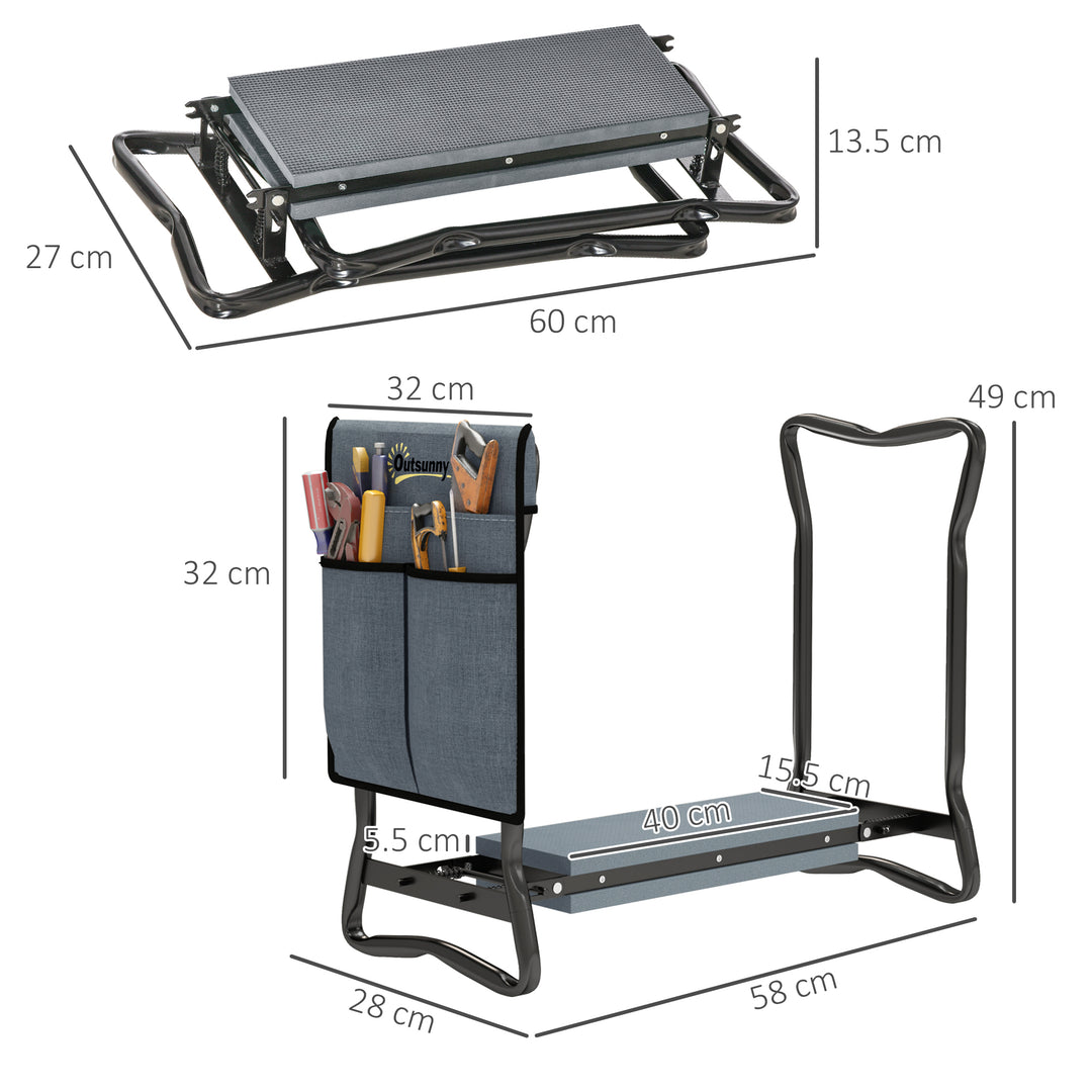 Steel Frame Padded Garden Kneeler, with Tool Bag - Grey