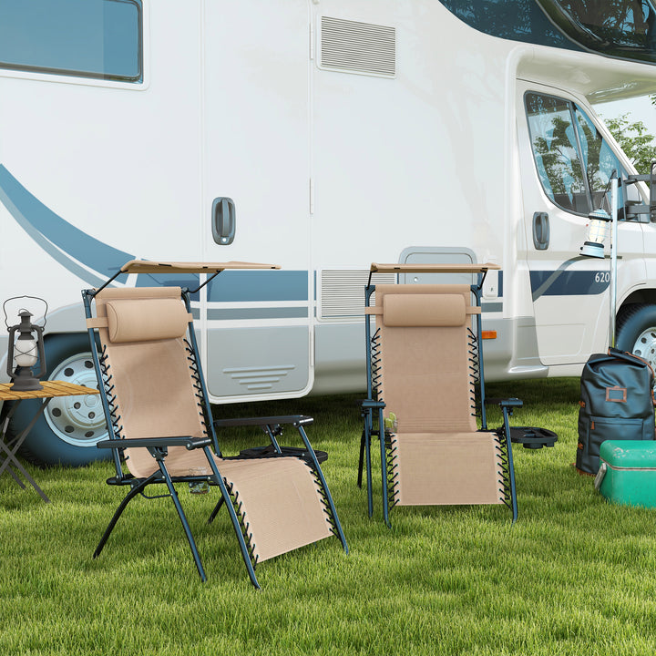 2 Piece Foldable Reclining Garden Chair with Headrest, Zero Gravity Deck Sun Lounger Seat Chair with Footrest, Armrest, Cup Holder & Canopy Shade, Beige
