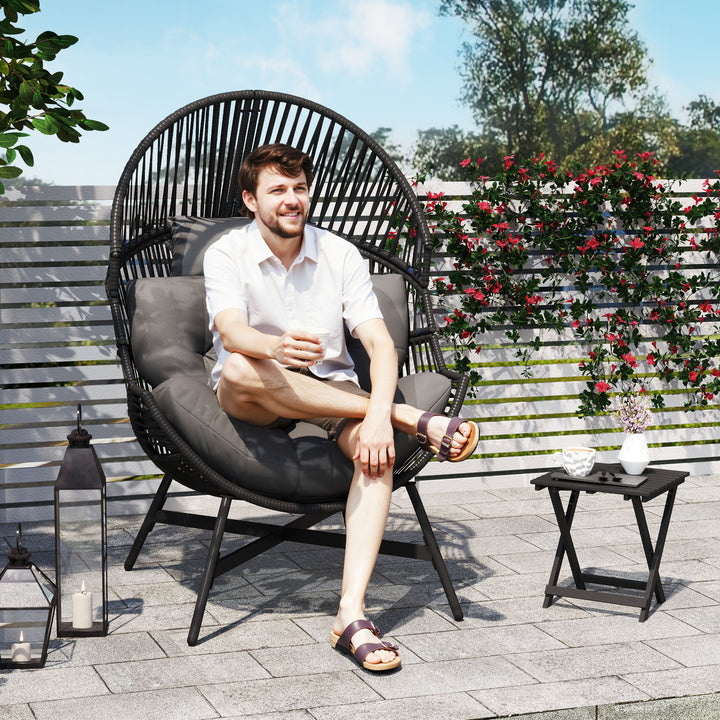 Rattan Egg Chair, Oversized Freestanding Garden Egg Chair with Thick Tufted Cushion, Headrest, Steel Frame for Indoor and Outdoor Use, Charcoal Grey