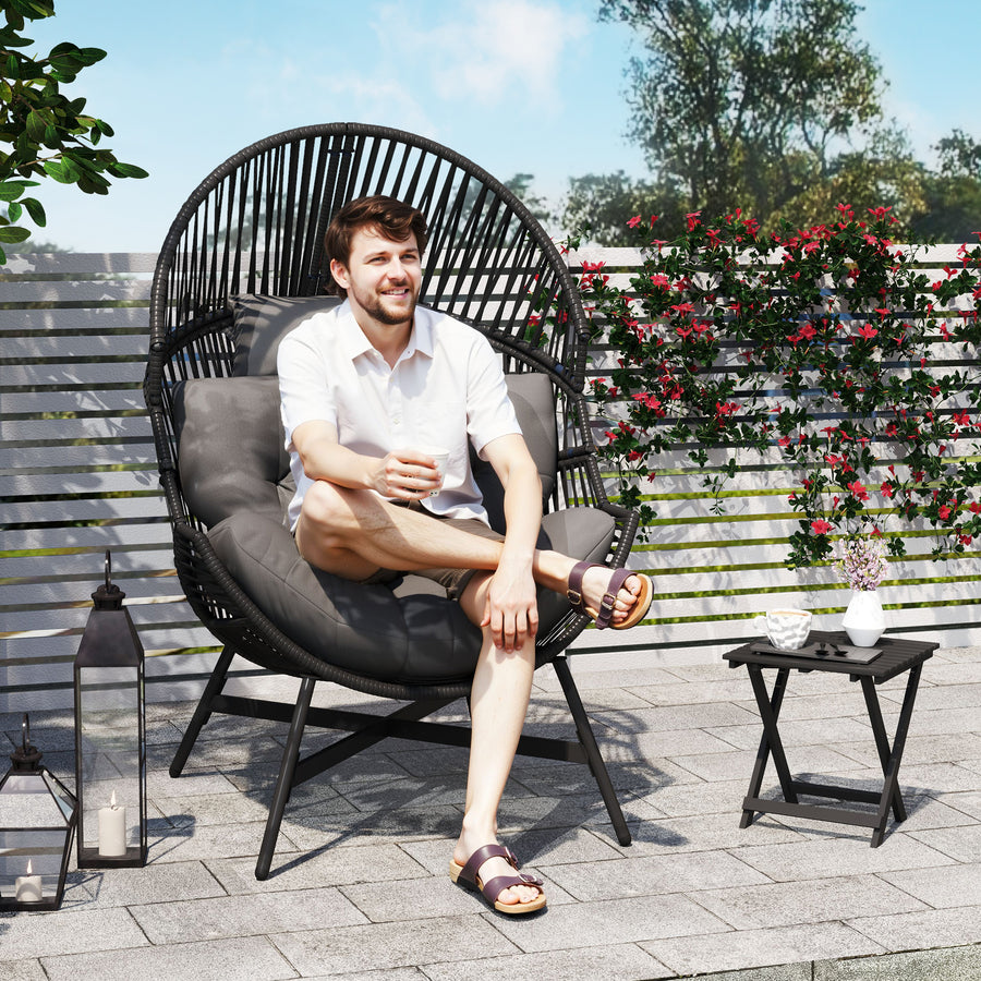 Rattan Egg Chair, Oversized Freestanding Garden Egg Chair with Thick Tufted Cushion, Headrest, Steel Frame for Indoor and Outdoor Use, Charcoal Grey