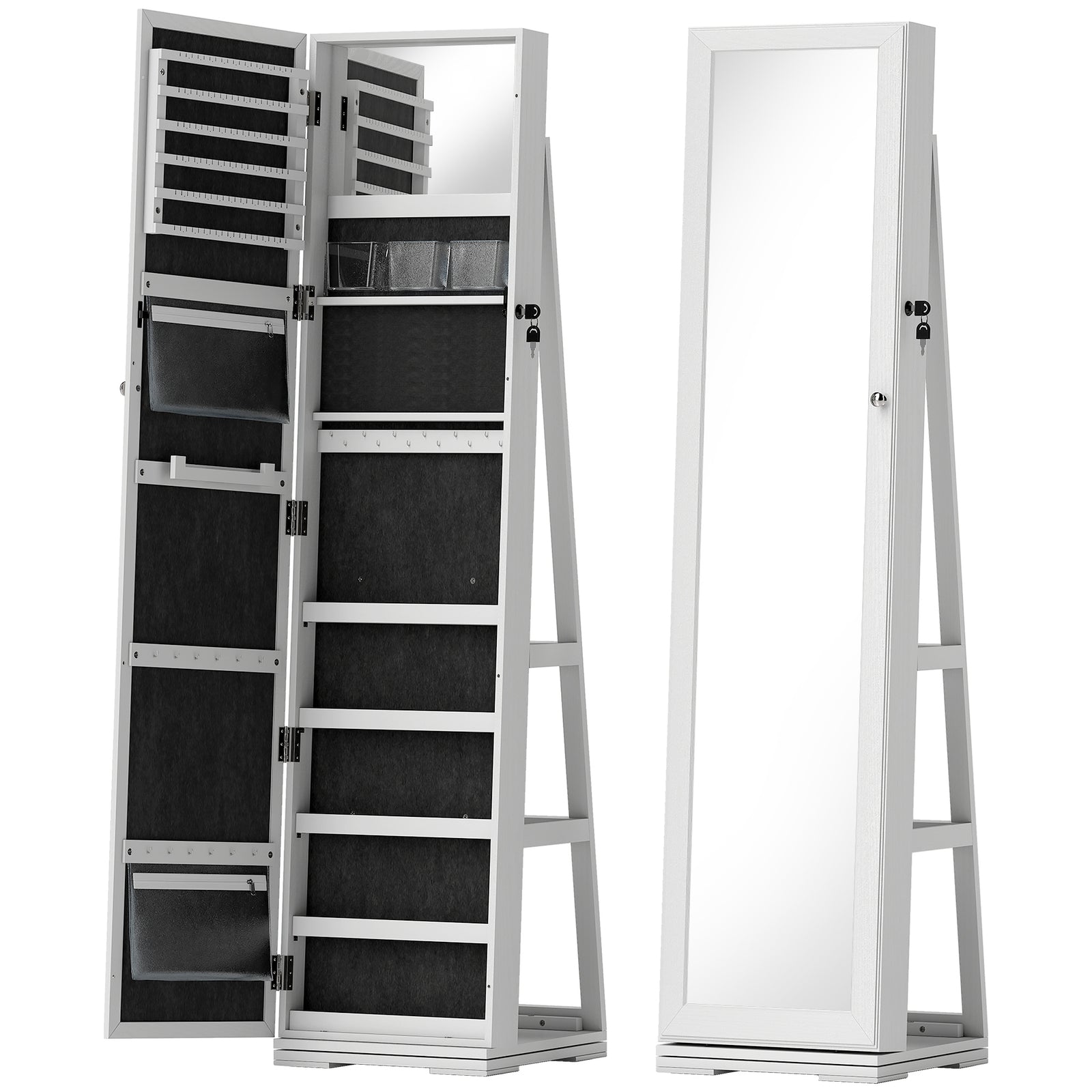 360° Swivel Jewellery Cabinet, Free Standing Full Length Mirror with Storage, Lockable Jewellery Organiser with Built-in Makeup Mirror and Storage Shelves for Bedroom, White