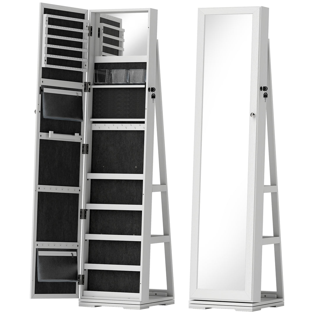 MCL 360° Swivel Jewellery Cabinet, Free Standing Full Length Mirror with Storage, Lockable Jewellery Organiser with Built-in Makeup Mirror and Storage Shelves for Bedroom, White