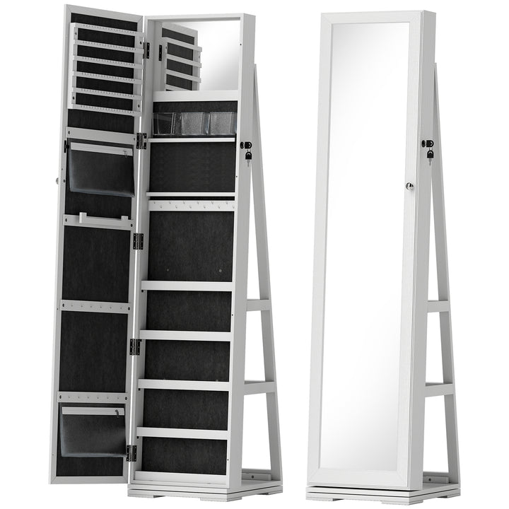 MCL 360° Swivel Jewellery Cabinet, Free Standing Full Length Mirror with Storage, Lockable Jewellery Organiser with Built-in Makeup Mirror and Storage Shelves for Bedroom, White