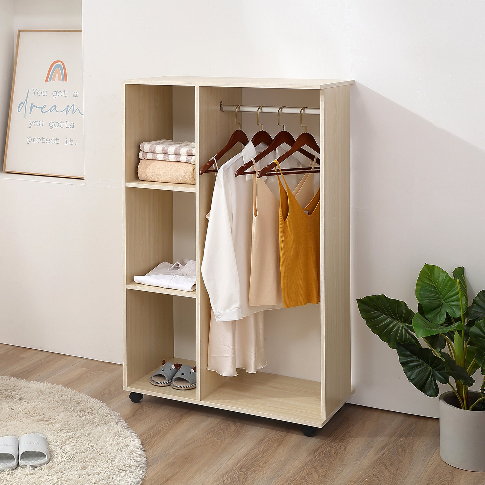 Open Wardrobe on Wheels, Bedroom Wardrobe with Clothes Hanging Rail, 3