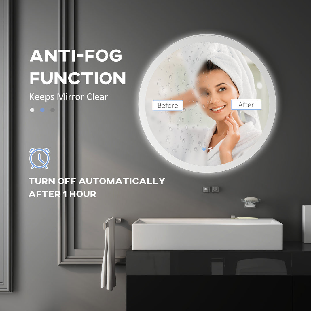 kleankin LED Bathroom Mirror: Round Wall-Mounted Illuminated Mirror, 3 Colour Settings, Anti-Fog, Memory, Aluminium Frame, 70 x 70 cm | Aosom UK