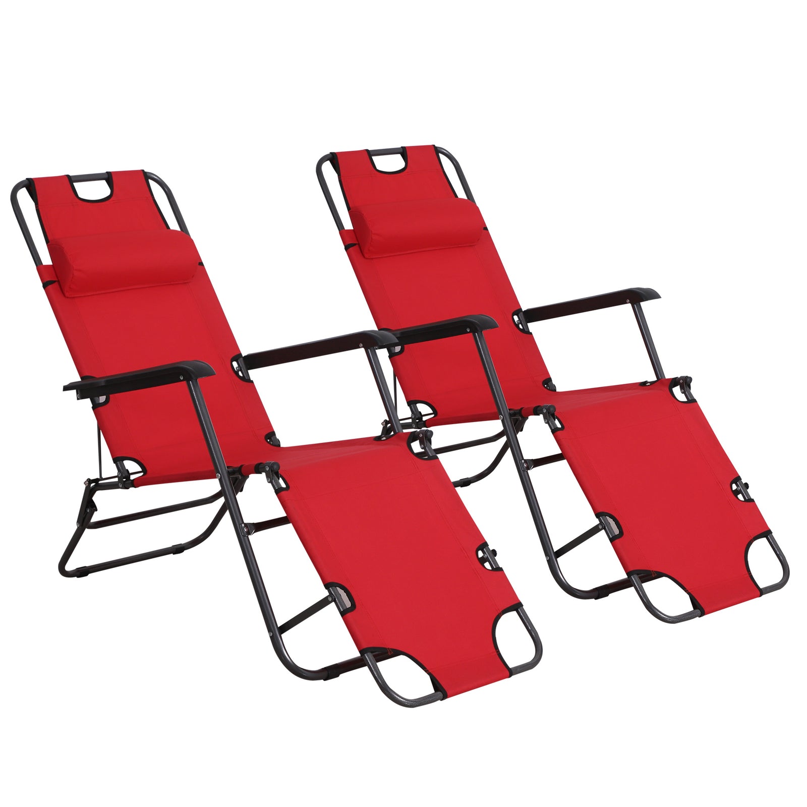 2 in 1 Folding Sun Lounger Reclining Garden Chair Set of 2 with 2-Level Adjustable Backrest, Outdoor Zero Gravity Recliner Garden Chairs with Head Pillow and Armrests, Red