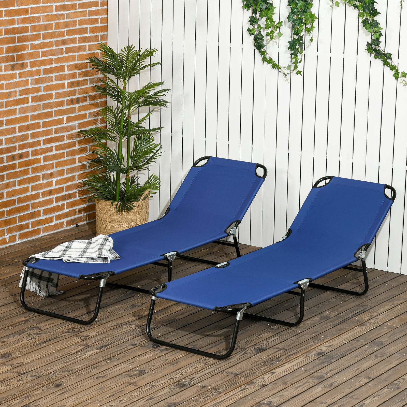 Set of Two Metal Frame Folding Sun Loungers - Blue