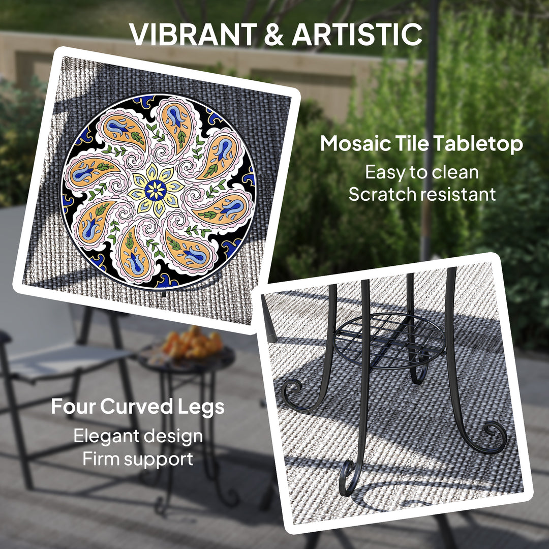 Mosaic Garden Table, 35.5 cm Round Outdoor Table with Shelf, Ceramic Tile Top, Small Garden Side Table Bistro Table End Table Plant Stand for Indoor, Patio, Balcony, Orange
