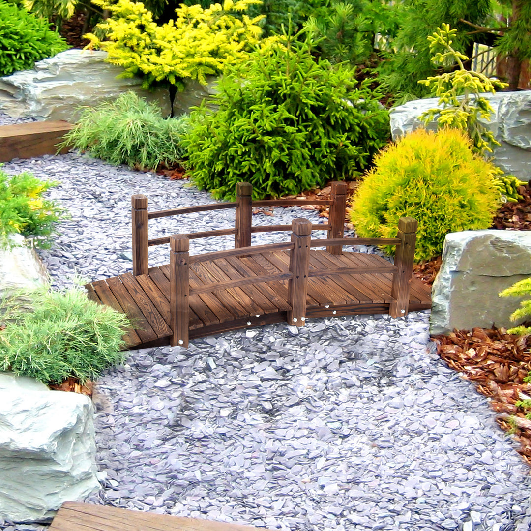 1.5M Wooden Garden Bridge Lawn Décor Stained Finish Arc Outdoor Pond Walkway w/ Railings Water Yard Decoration