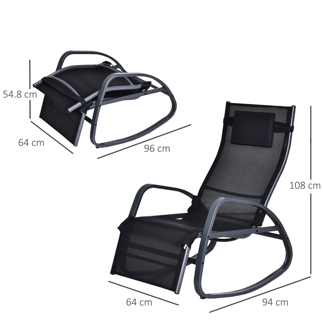 Garden Rocking Chair with 5-Level Adjustable Backrest, Rocking Sun Lounger with Removeable Headrest Pillow, Footrest, Armrest and Safety Stopper, Black