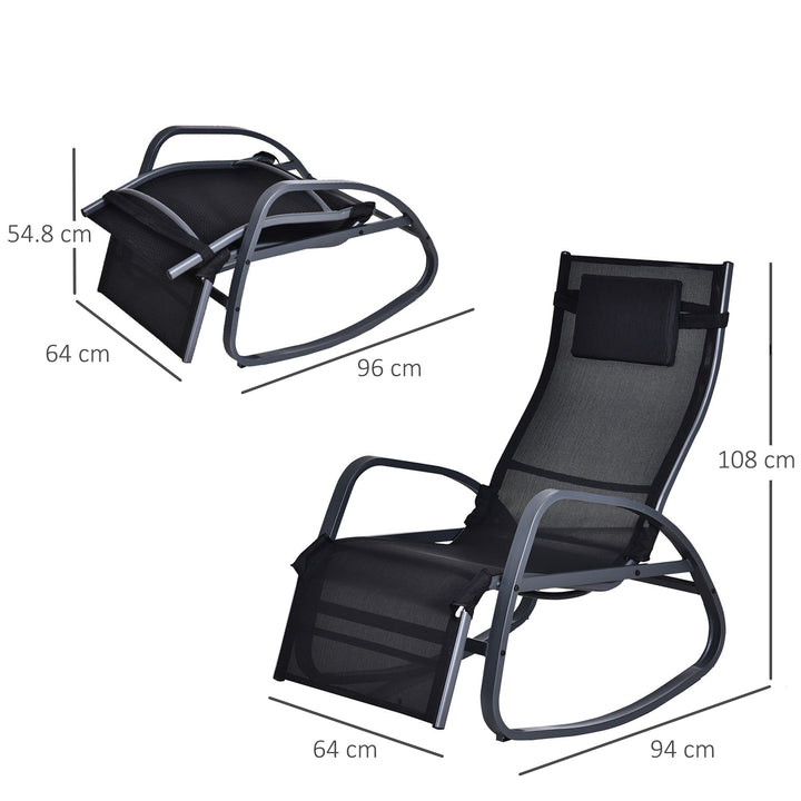 Garden Rocking Chair with 5-Level Adjustable Backrest, Rocking Sun Lounger with Removeable Headrest Pillow, Footrest, Armrest and Safety Stopper, Black