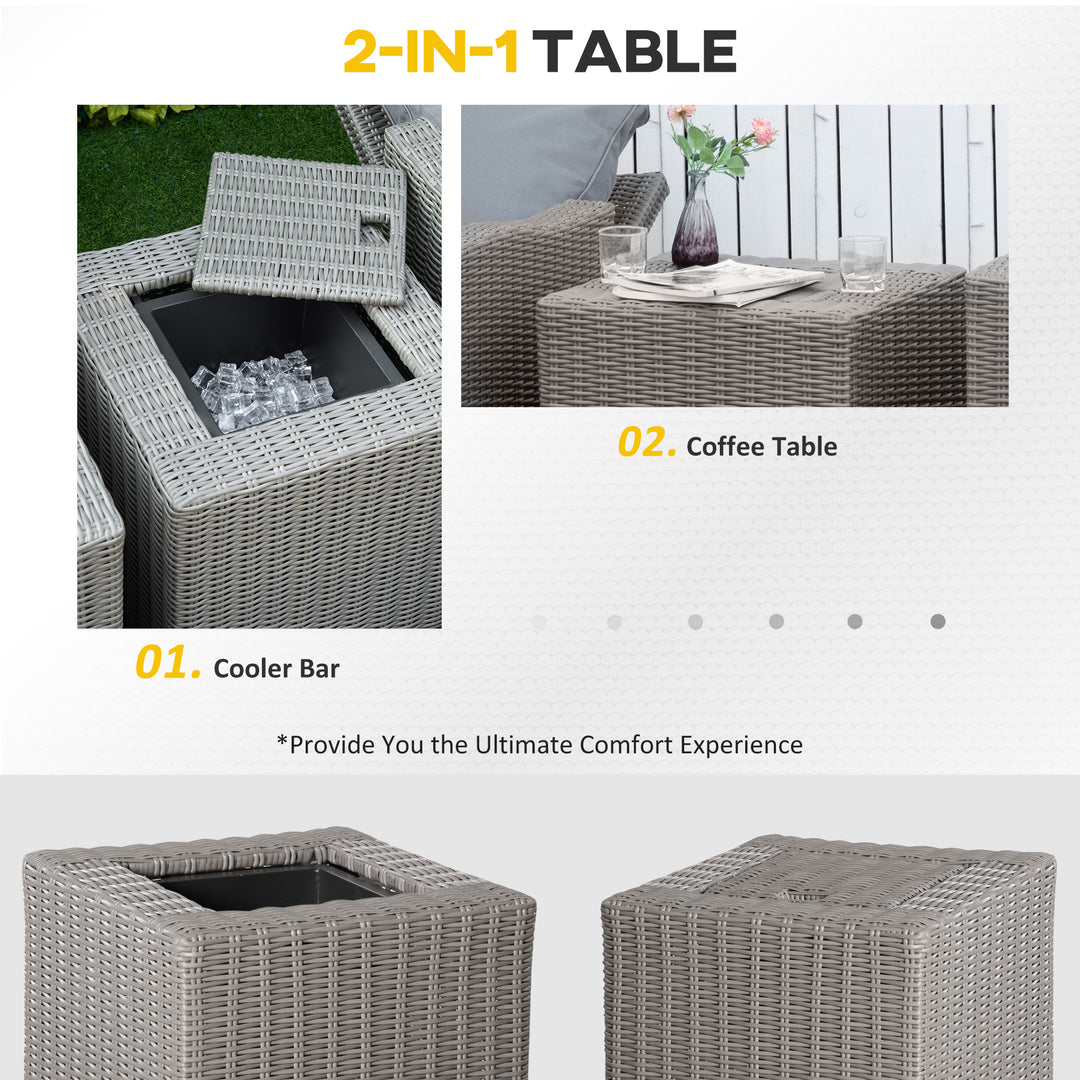 5 Pieces Outdoor PE Rattan Garden Furniture with Cushions, Patio Lounge Adjustable Backrest Chairs, Footstools and Cooler Bar Coffee Table & Cover, Grey