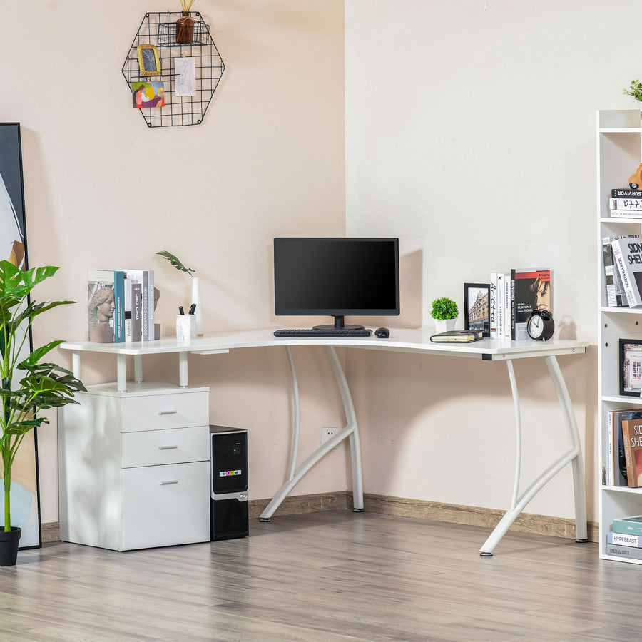 L-Shaped Computer Desk Table with Storage Drawer, Home Office Desk Corner Industrial Style Workstation for A4 Files 143.5 x 143.5 x 76cm, White