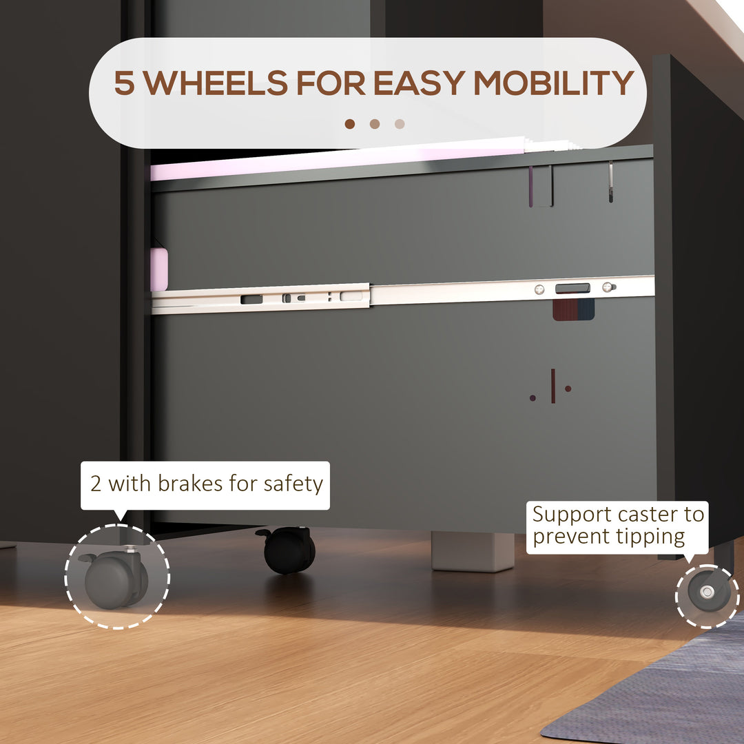 2-Drawer Vertical Filing Cabinet with Lock and 5 Wheels, Steel Mobile File Cabinet, for A4, Legal and Letter Size, Pre-Assembled Body, Black