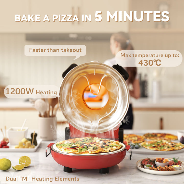 1200W Pizza Oven, 12 Inch Electric Pizza Maker with Viewing Window, Dual Knob Temp & Timer Control, Overheat Protection, Red
