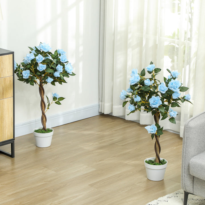 Set of 2 Artificial Plants White Rose Floral in Pot, Fake Plants for Home Indoor Decor, 90cm, Light Blue