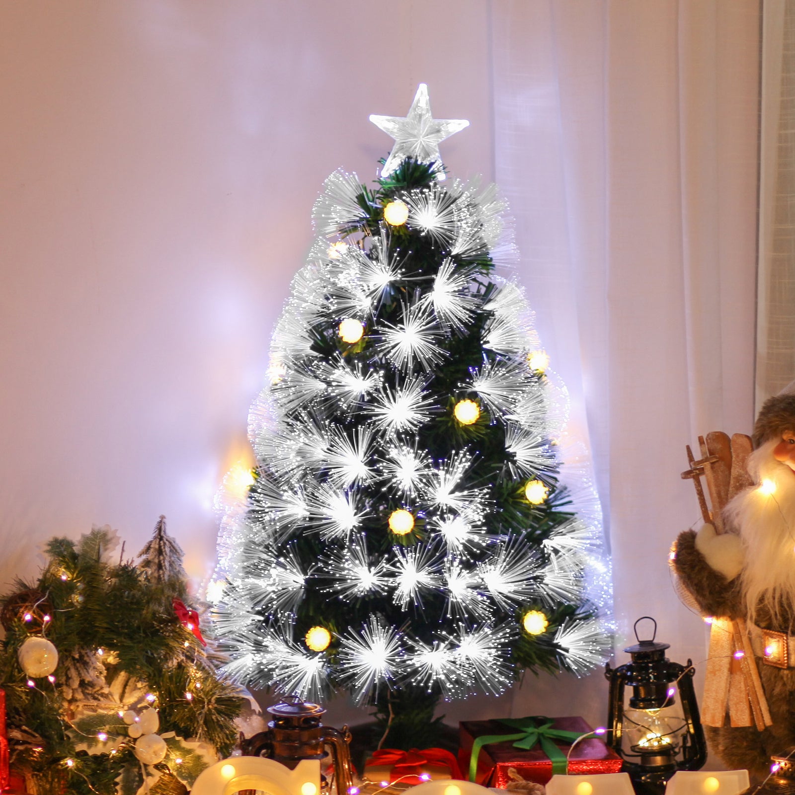 3ft White Light Artificial Christmas Tree w/ 90 LEDs Star Topper Tri-Base Full Bodied Seasonal Decoration Pre-Lit Home