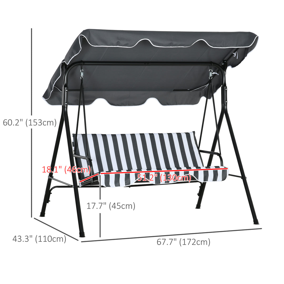 3 Seater Garden Swing Chair, Outdoor Swing Chair with Adjustable Canopy, Mental Frame & Cushions, Grey