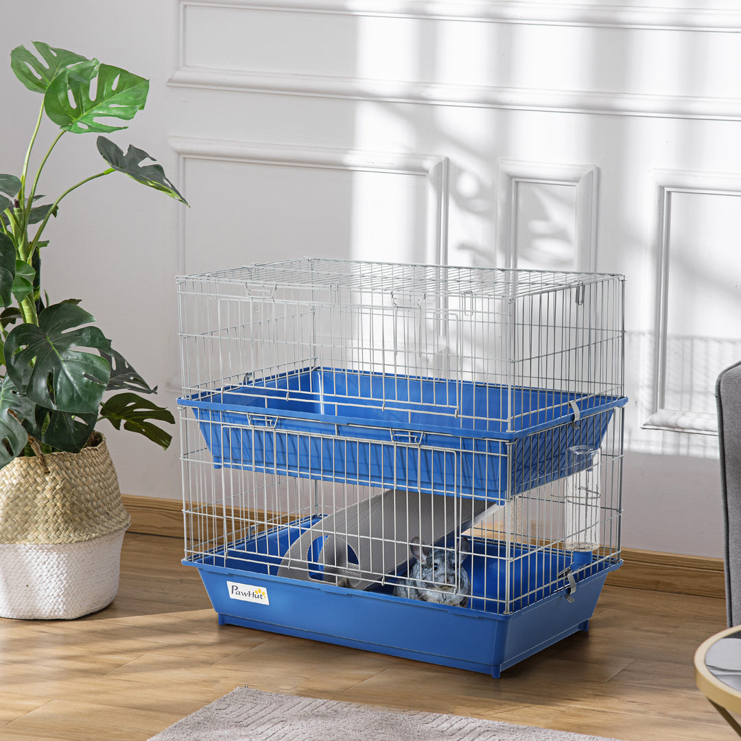 PawHut Small Animal Cage, Metal 2-Tier, Spacious, Secure, Easy Clean, Blue | Aosom UK