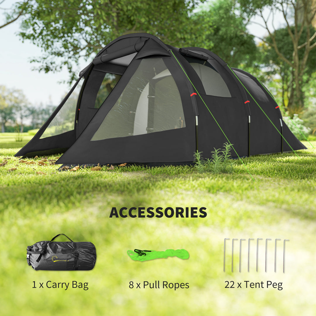 3-4 Man Tunnel Tent, Two Room Camping Tent with Windows, Portable Carry Bag, for Fishing, Hiking, Sports, Festival - Black