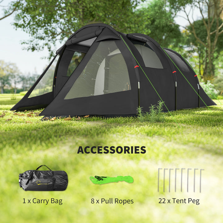 3-4 Man Tunnel Tent, Two Room Camping Tent with Windows, Portable Carry Bag, for Fishing, Hiking, Sports, Festival - Black