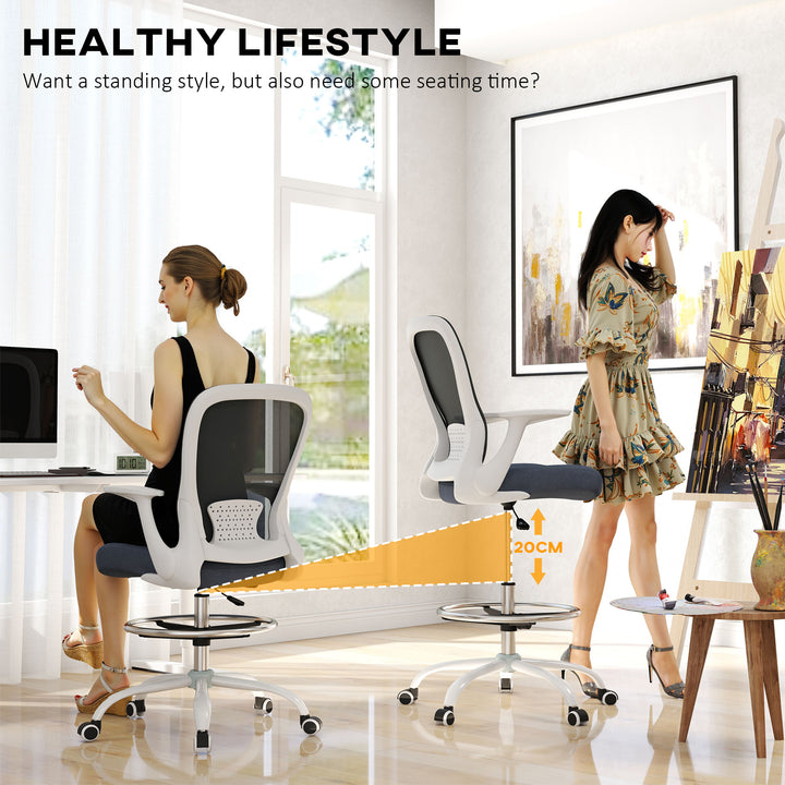 Draughtsman Chair, Mesh Drafting Chair, Ergonomic Office Chair with Flip-up Armrest, Adjustable Foot Ring, Grey