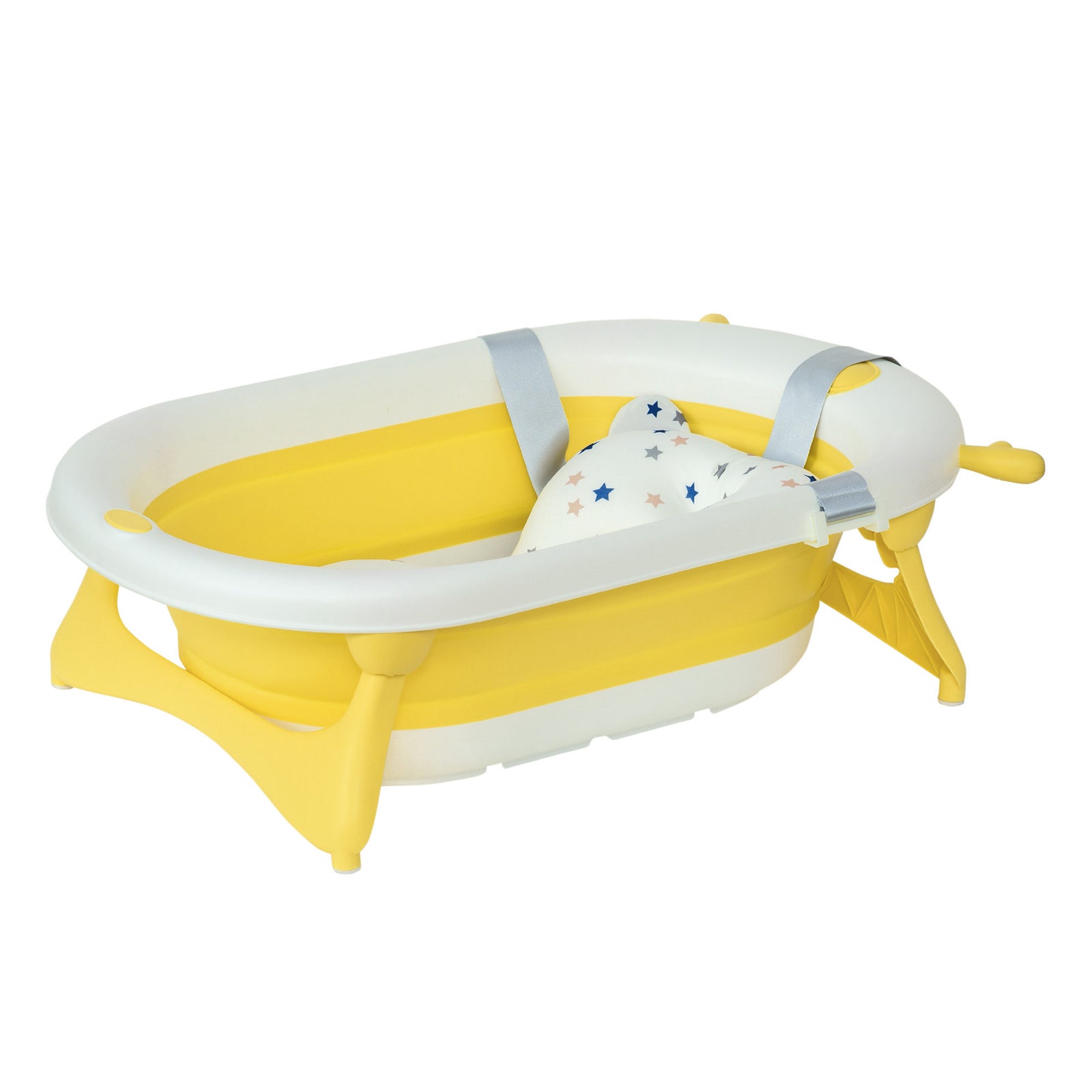 Foldable Baby Bathtub Set, Collapsible Bath Tub with Thermostatic Water Plug, Non-Slip Support, Cushion Pad, Drain Plugs, for Newborn to 3 Years - Yellow