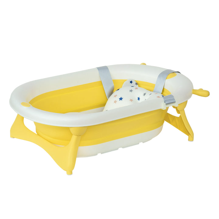 MCL Foldable Baby Bathtub Set, Collapsible Bath Tub with Thermostatic Water Plug, Non-Slip Support, Cushion Pad, Drain Plugs, for Newborn to 3 Years - Yellow