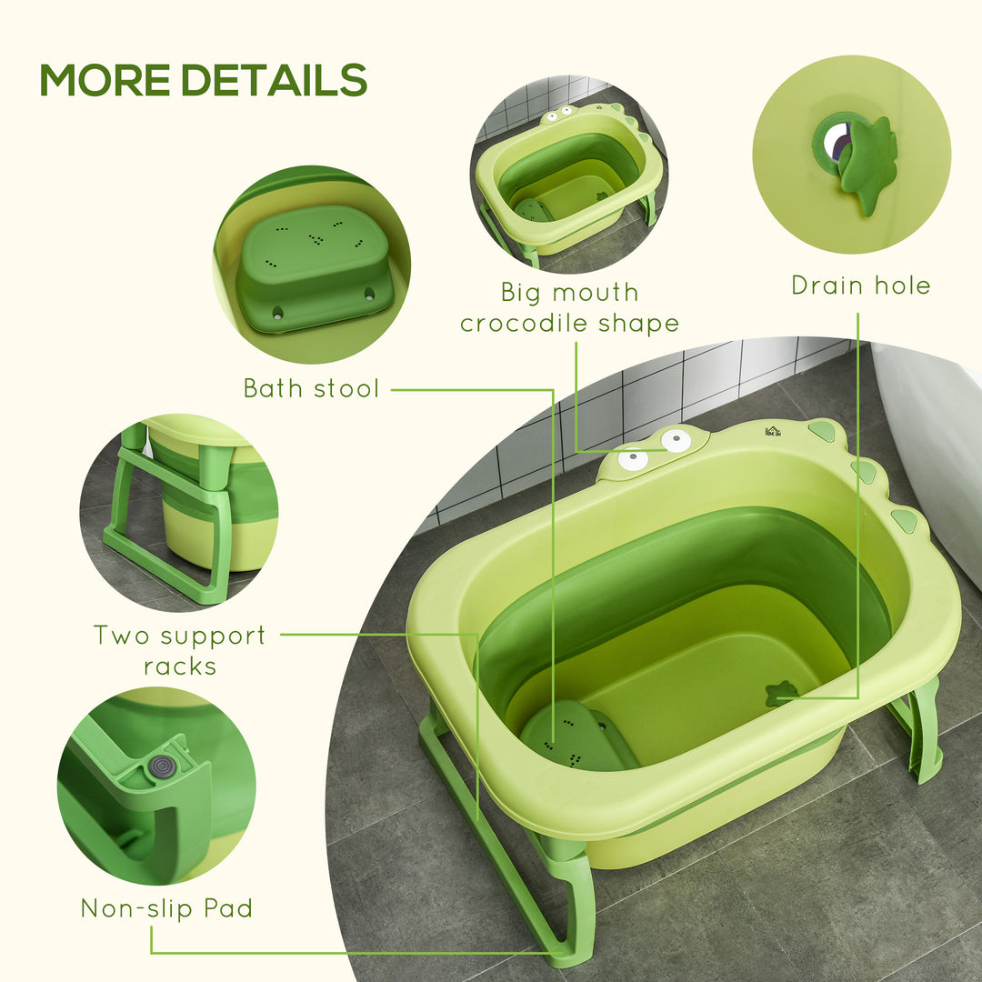 HOMCOM Baby Bath Tub for 0-6 Years Collapsible Non-Slip Portable with Stool Seat for Newborns Infants Toddlers Kids Crocodile Shape Green | Aosom UK