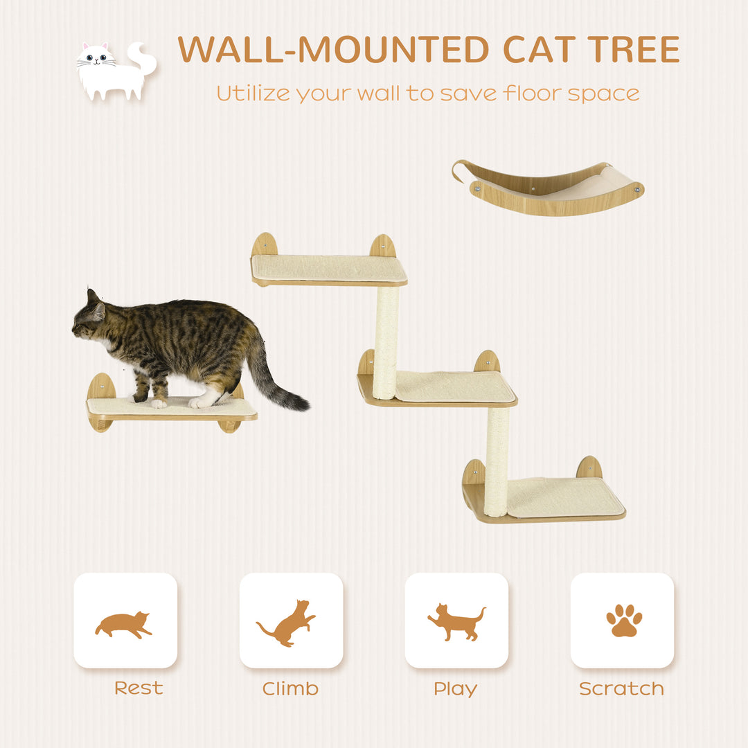 3PCs Wall-Mounted Cat Shelves, with Jumping Platforms, Hammock, Scratching Post - Oak Tone