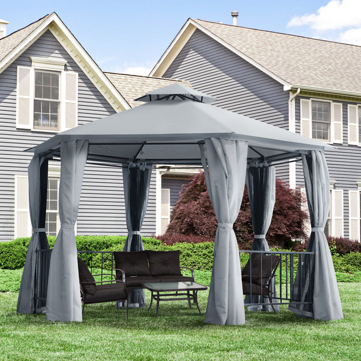 MCL 3 x 3(m) Hexagon Gazebo Patio Canopy Party Tent Outdoor Garden Shelter w/ 2 Tier Roof & Side Panel - Grey
