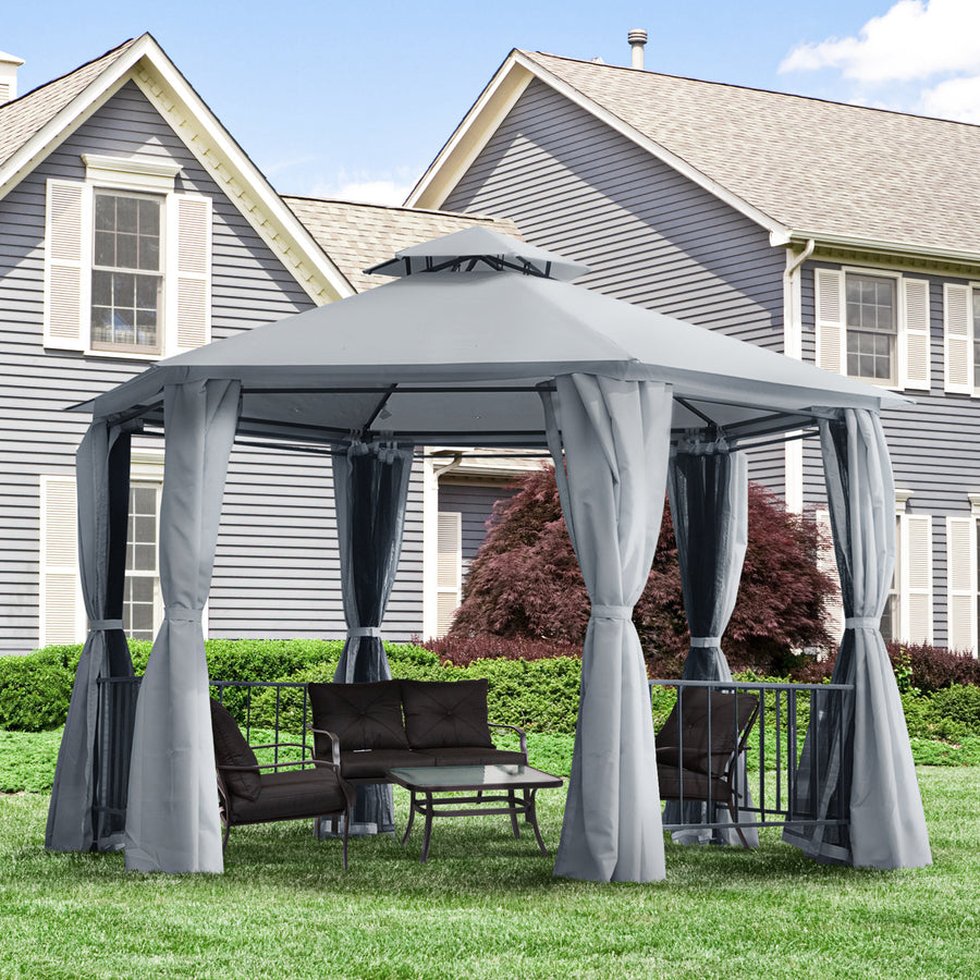 3 x 3(m) Hexagon Gazebo Patio Canopy Party Tent Outdoor Garden Shelter w/ 2 Tier Roof & Side Panel - Grey