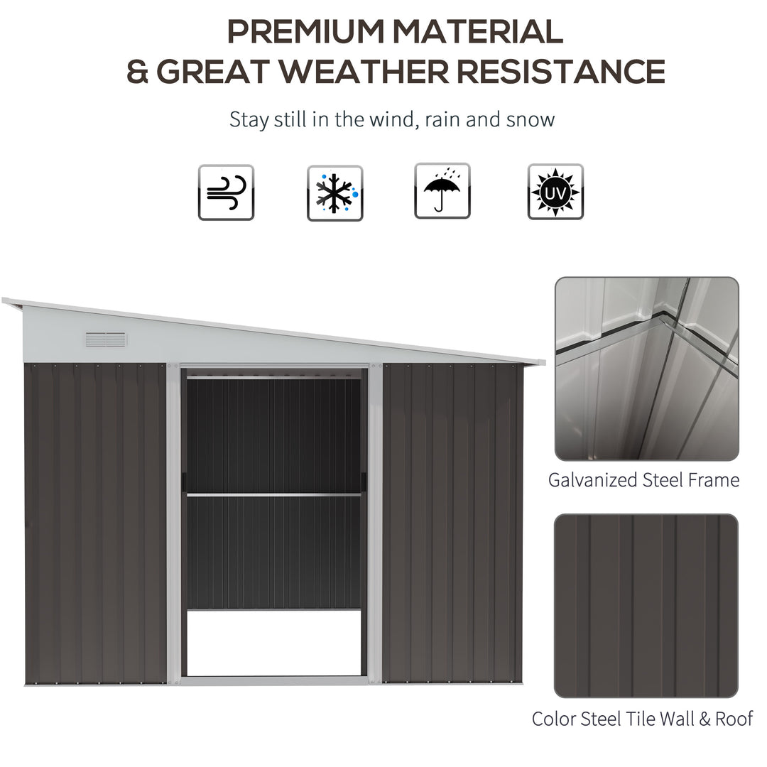 Outsunny 11 x 9 ft Metal Garden Storage Shed Sloped roof Tool House with Double Sliding Doors and 2 Air Vents, Grey