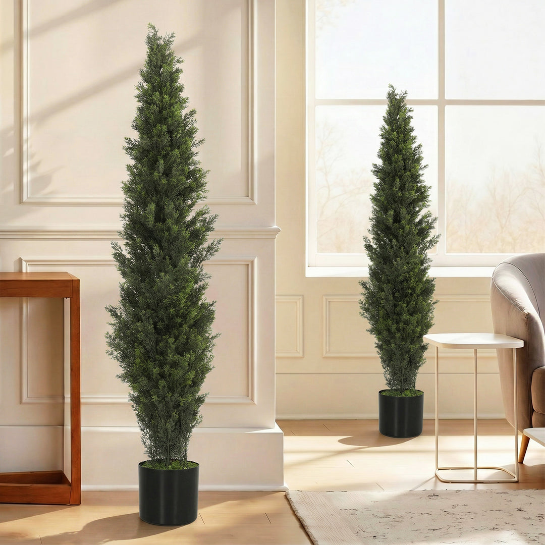 Set of 2 Decorative Artificial Plants Cypress in Weighted Pot, Fake Pl