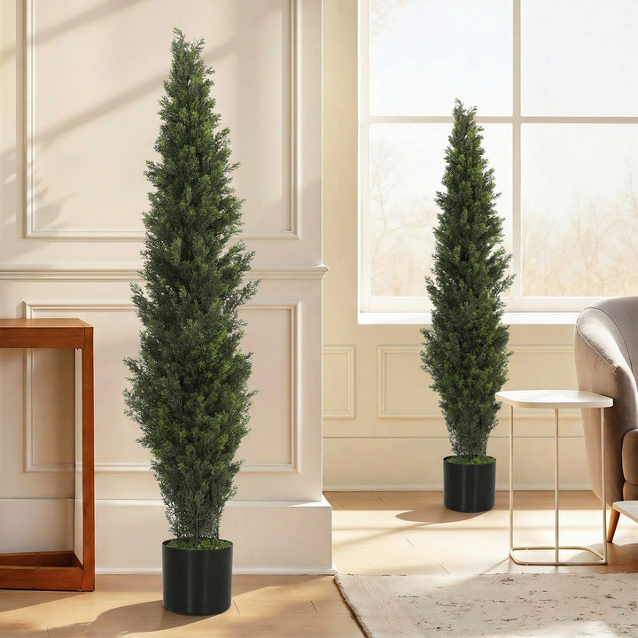Set of 2 Decorative Artificial Plants Cypress in Weighted Pot, Fake Pl